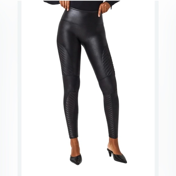 SPANX FAUX LEATHER VERY BLACK MOTO LEGGINGS size XL - Picture 1 of 13